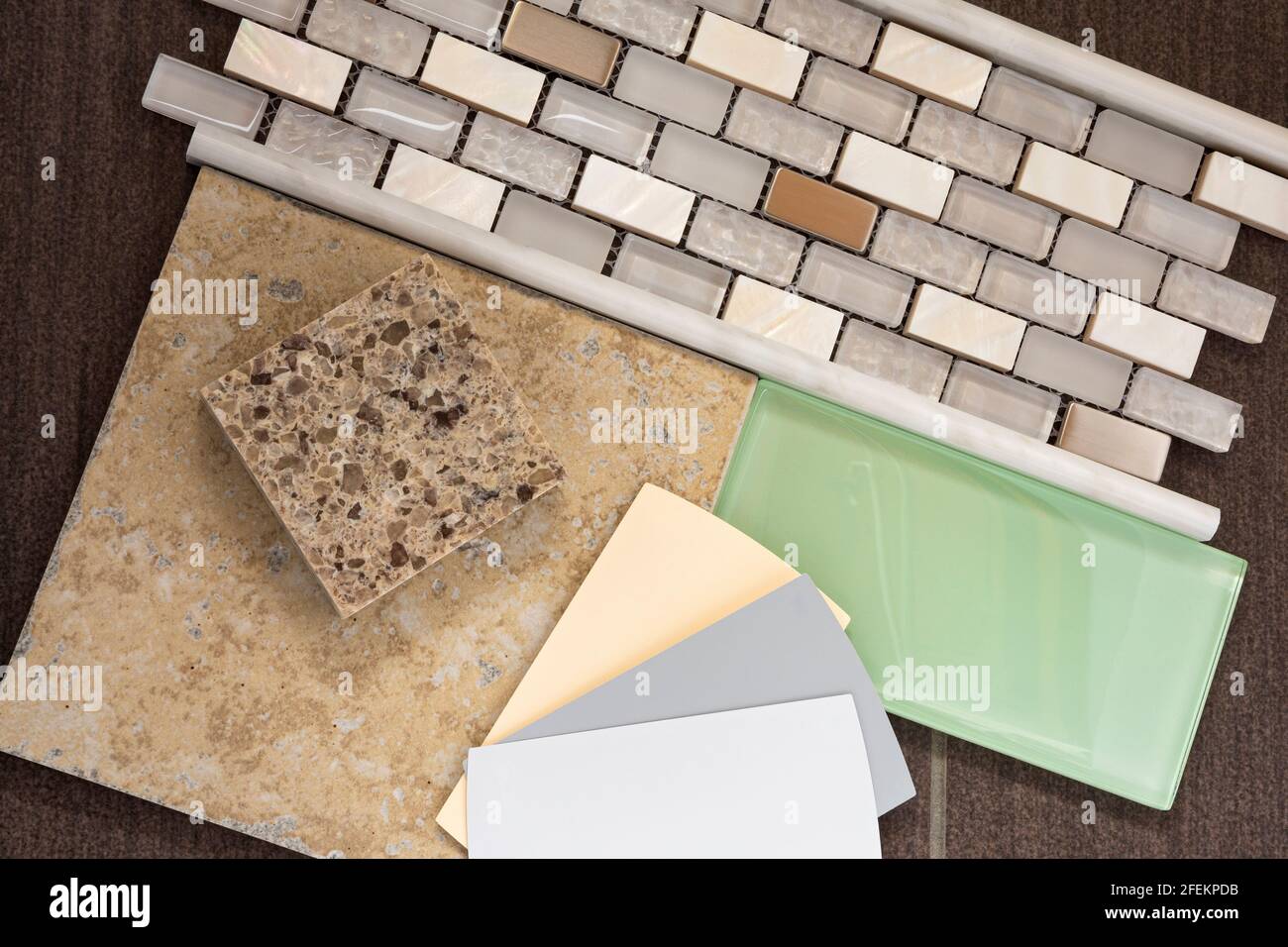 color swatches against tile backsplash countertop floor remnants for
