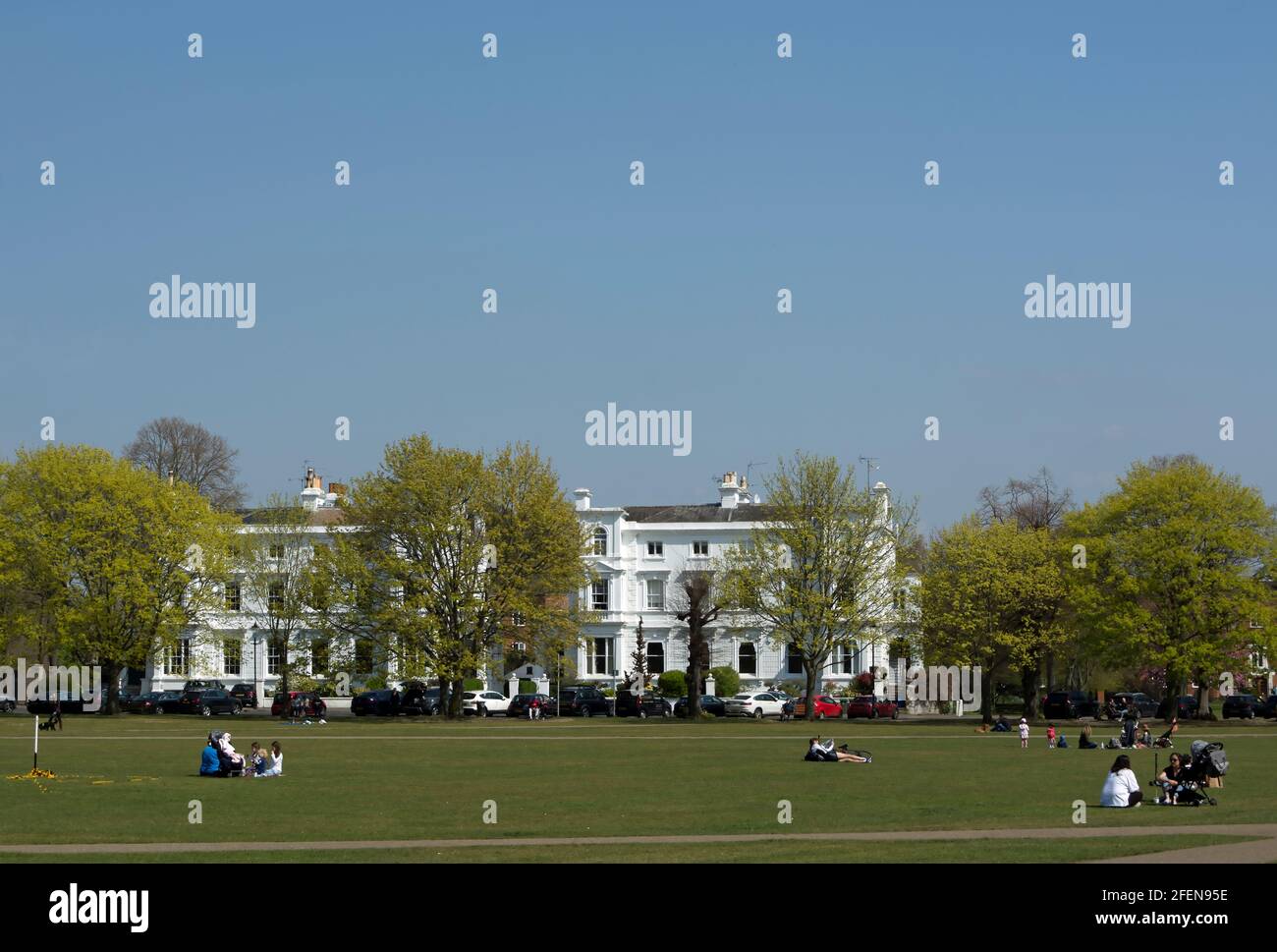 looking north across richmond green, surrey, england, towards the white-fronted portland terrace Stock Photo