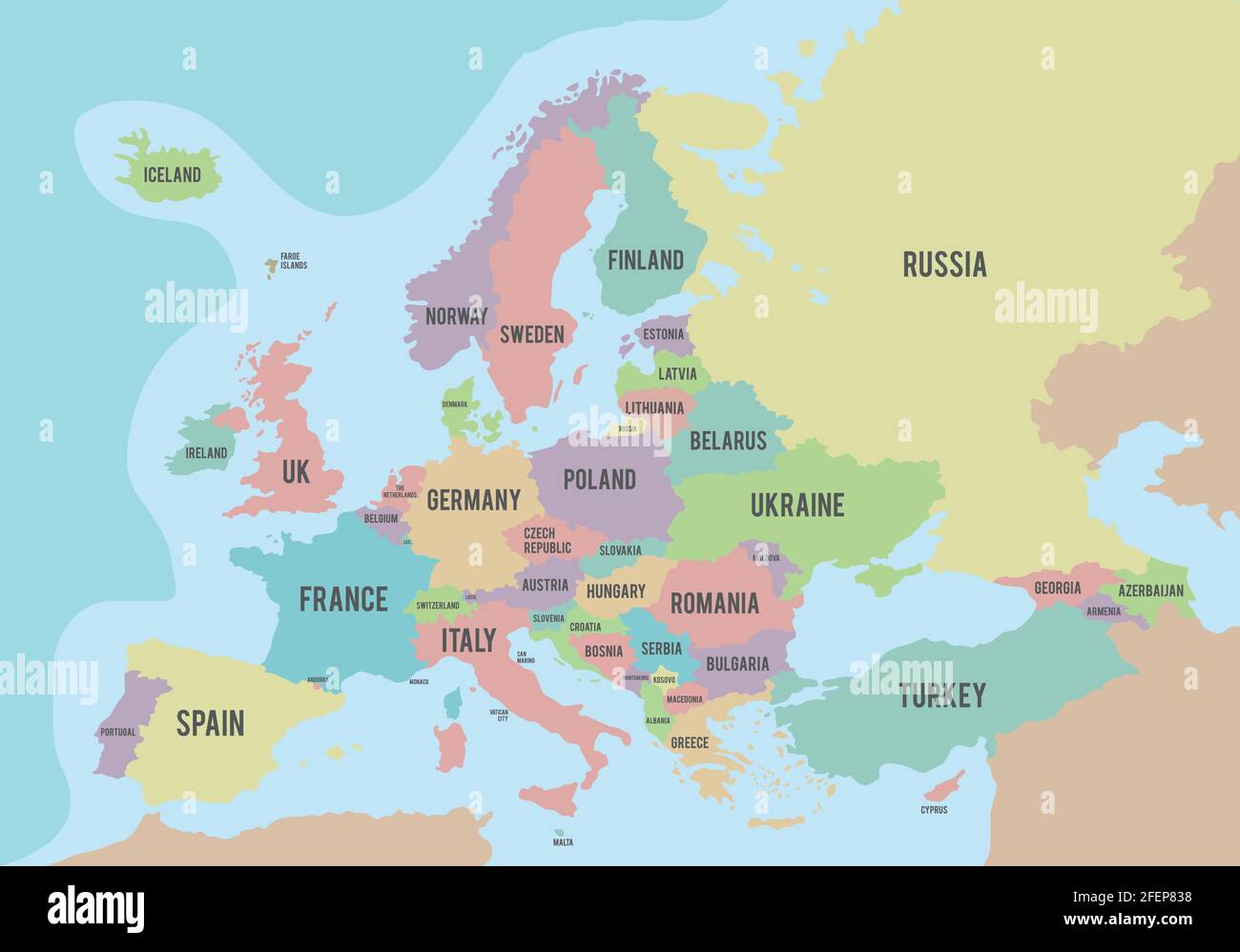 Political map of Europe with different colors for each country and names in English. Vector illustration. Stock Vector