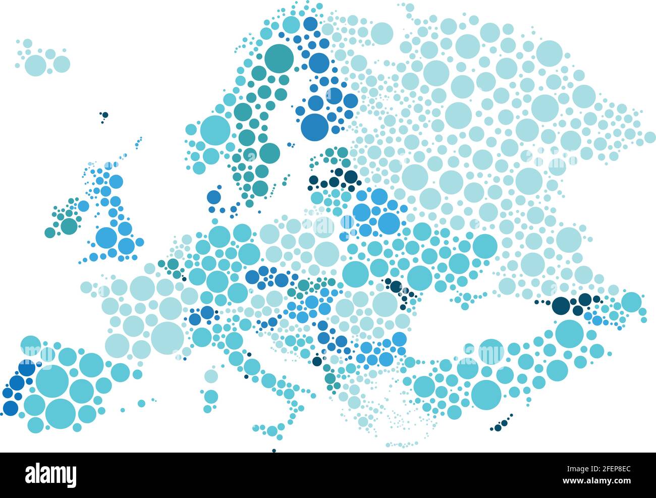 Vector illustration of political map of Europe designed with different sizes and tones of blue dots. Stock Vector