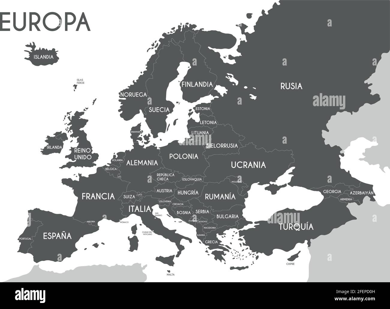 Political map of Europe in gray color with white background and the names of the countries in Spanish. Vector illustration Stock Vector
