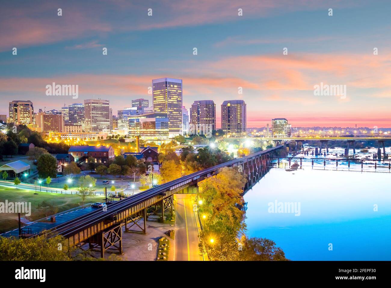 Downtown Richmond, Virginia skyline and the James River at twilight