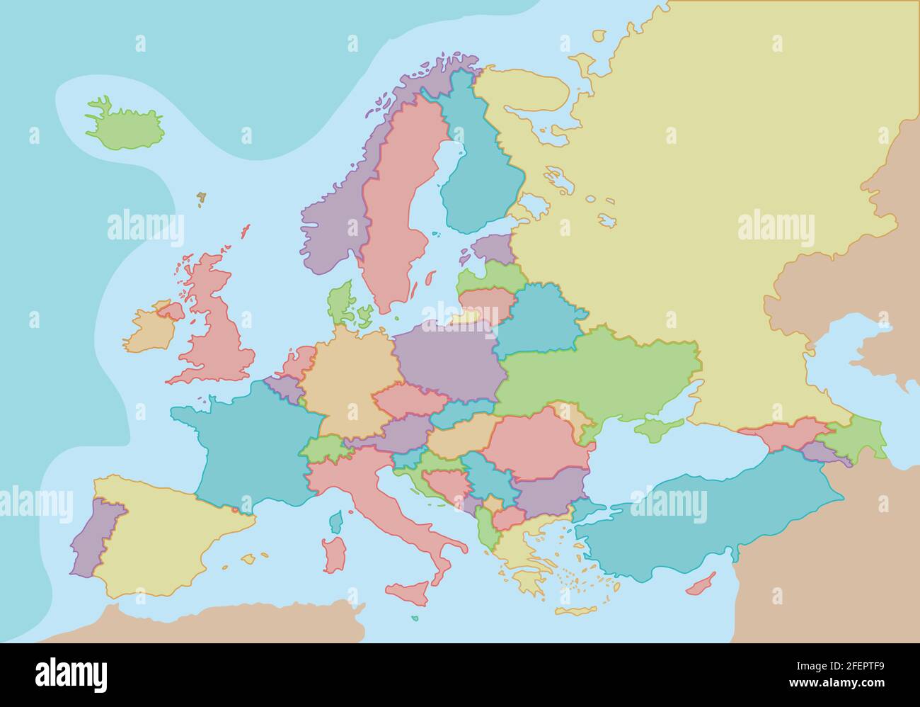 Political map of Europe with colors and borders for each country. Vector illustration. Stock Vector