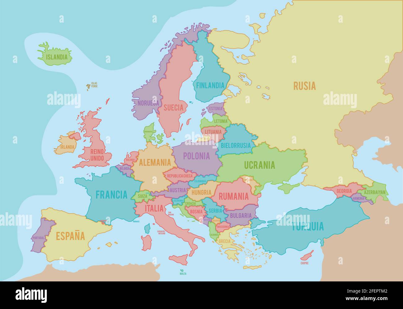 Political map of Europe with colors and borders for each country and names in Spanish. Vector illustration. Stock Vector