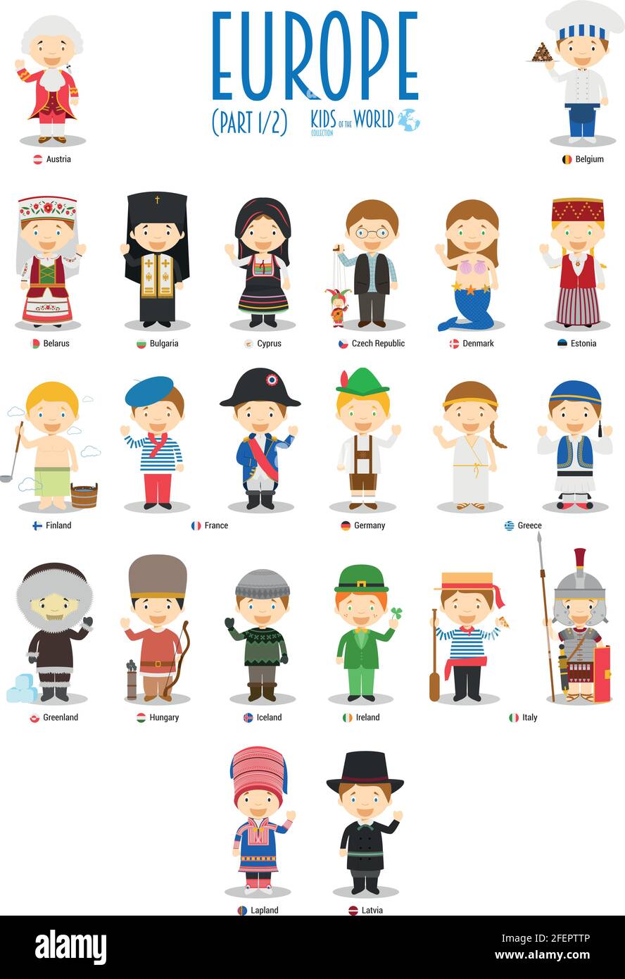 Kids and nationalities of the world vector: Europe Set 1 of 2. Set of 22  characters dressed in different national costumes Stock Vector Image & Art  - Alamy