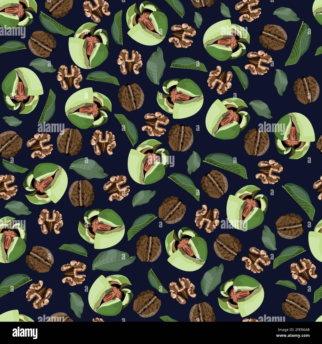 seamless pattern of walnuts on a dark background Stock Vector