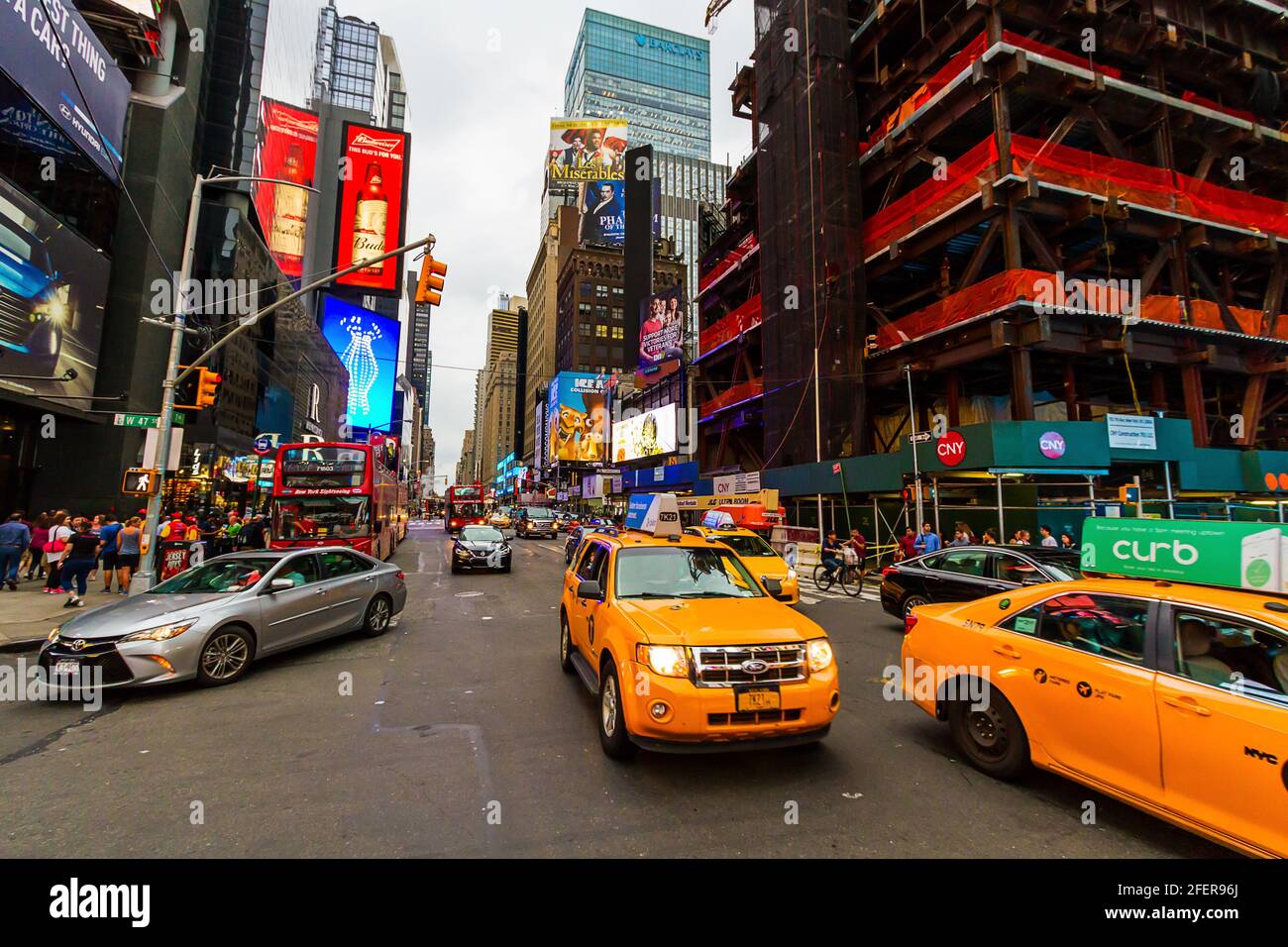 Cabs and vehicles in the traffics at Times Square on a busy day Stock Photo