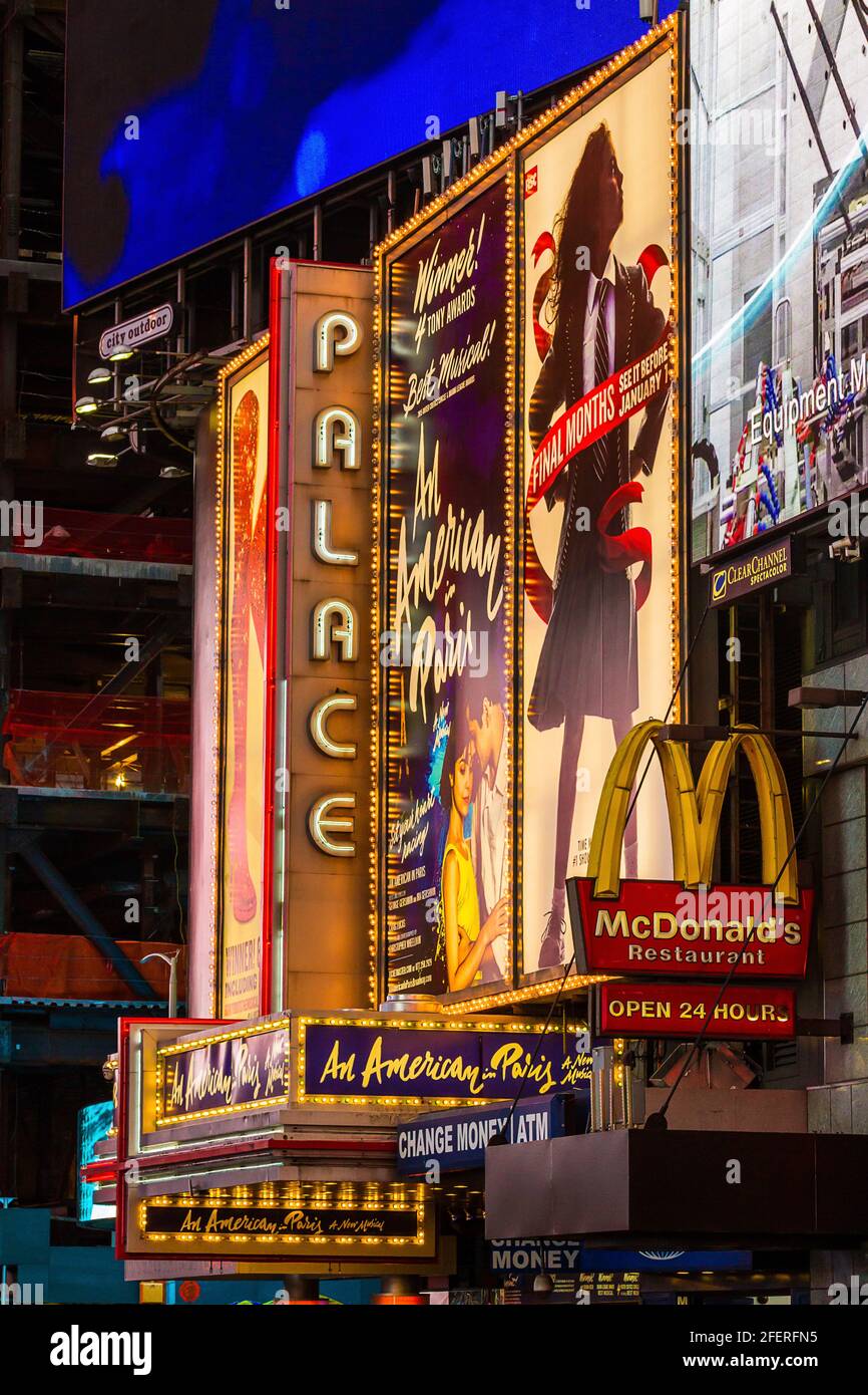Palace Theatre in Broadway at night in New York City Stock Photo