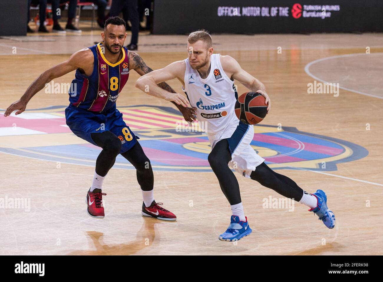 Denis Zakharov of Zenit St Petersburg and Adam Hanga of Fc Barcelona during  the Turkish Airlines EuroLeague, PlayOffs game 2 basketball match between  FC Barcelona and Zenit St Petersburg on April 23,