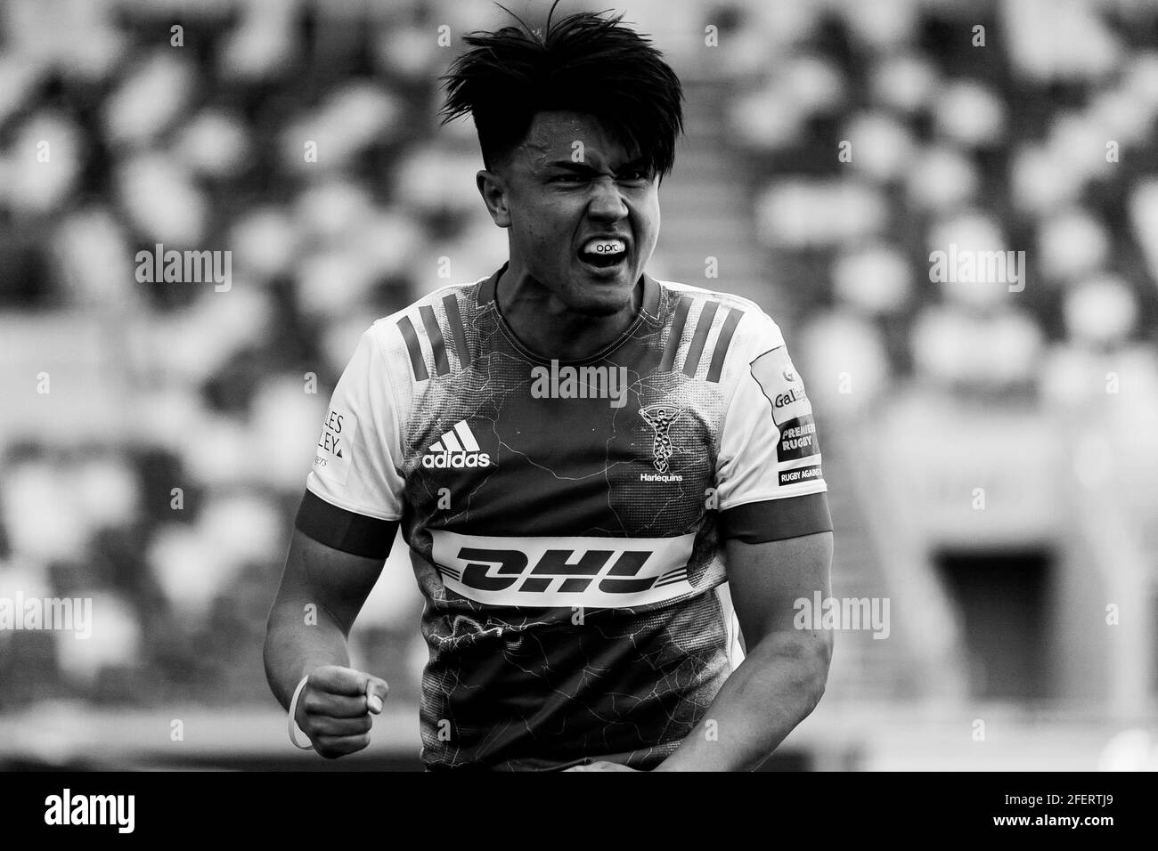 LONDON, UK. APRIL 24TH. Marcus Smith of Harlequins celebrates after scoring a try during the Gallagher Premiership match between London Irish and Harlequins at the Brentford Community Stadium, Brentford on Saturday 24th April 2021. (Credit: Juan Gasparini | MI News) Credit: MI News & Sport /Alamy Live News Stock Photo