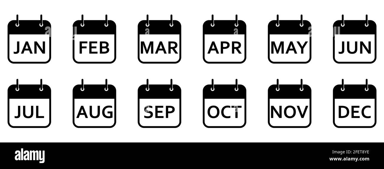 Every month of a year calendar icons. Set of black calendar icons