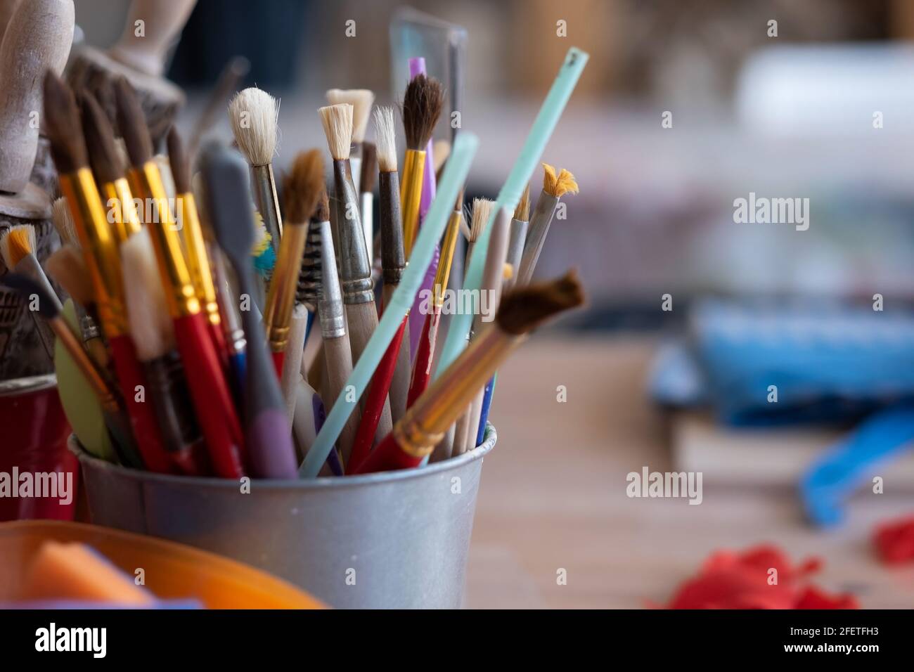 Various Paint Brushes Close Up Tools For Art Lesson At School Stock