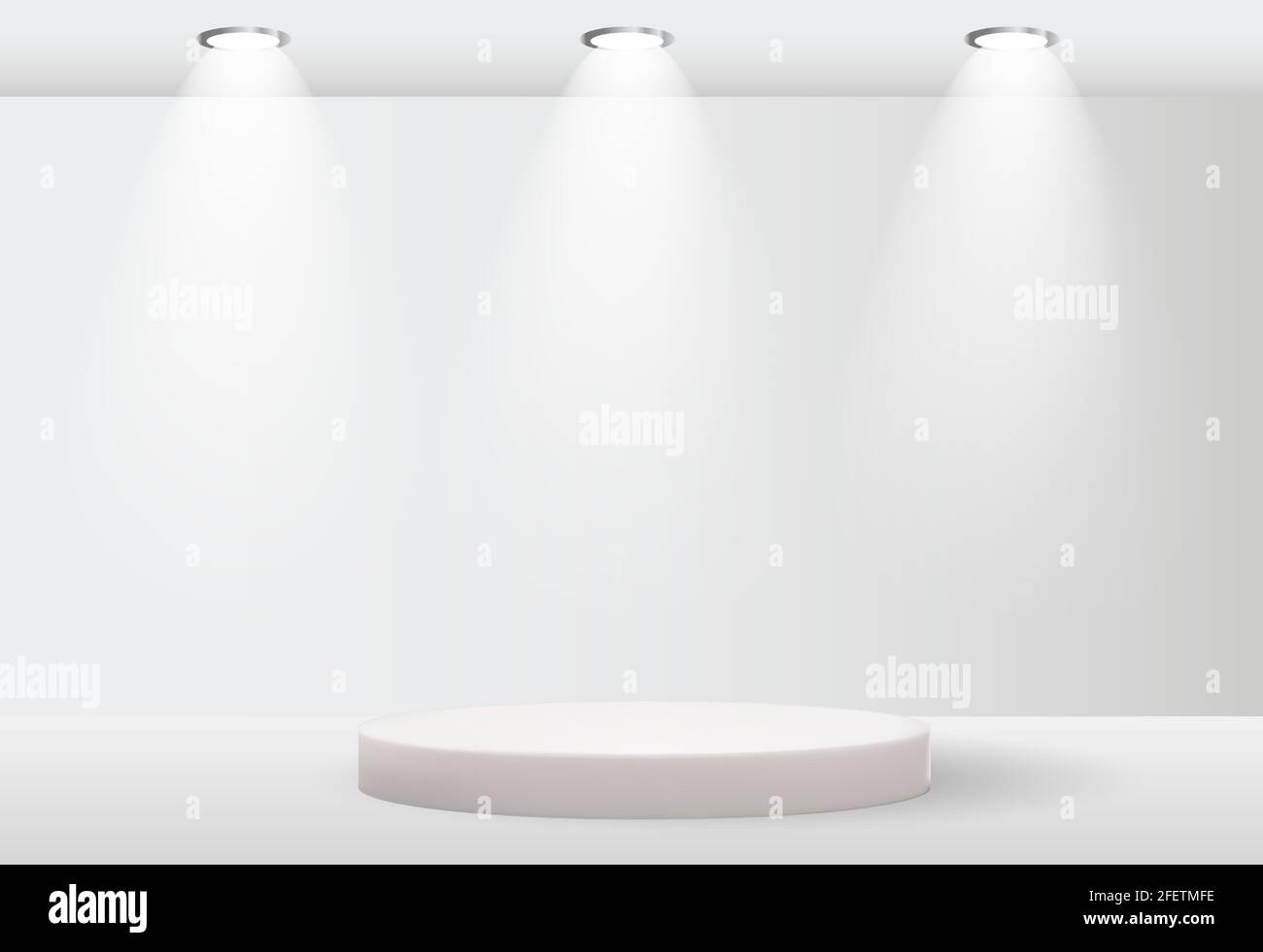 White 3d pedestal background with lighting lamp for cosmetic product presentation, fashion magazine. Copy space vector illustration Stock Vector