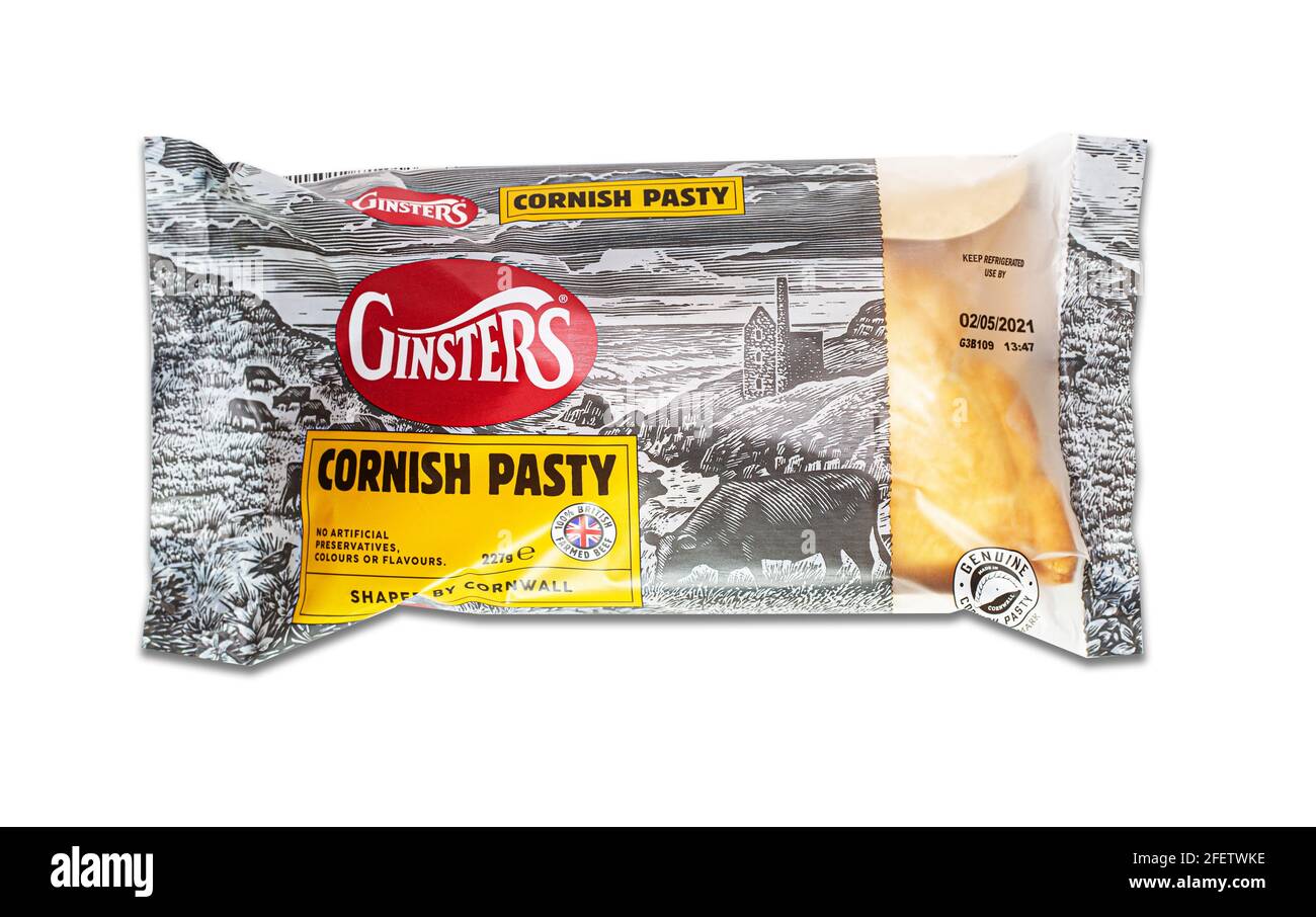 SWINDON, UK - APRIL 24, 2021:  Ginsters Cornish Pasty on a white background Stock Photo
