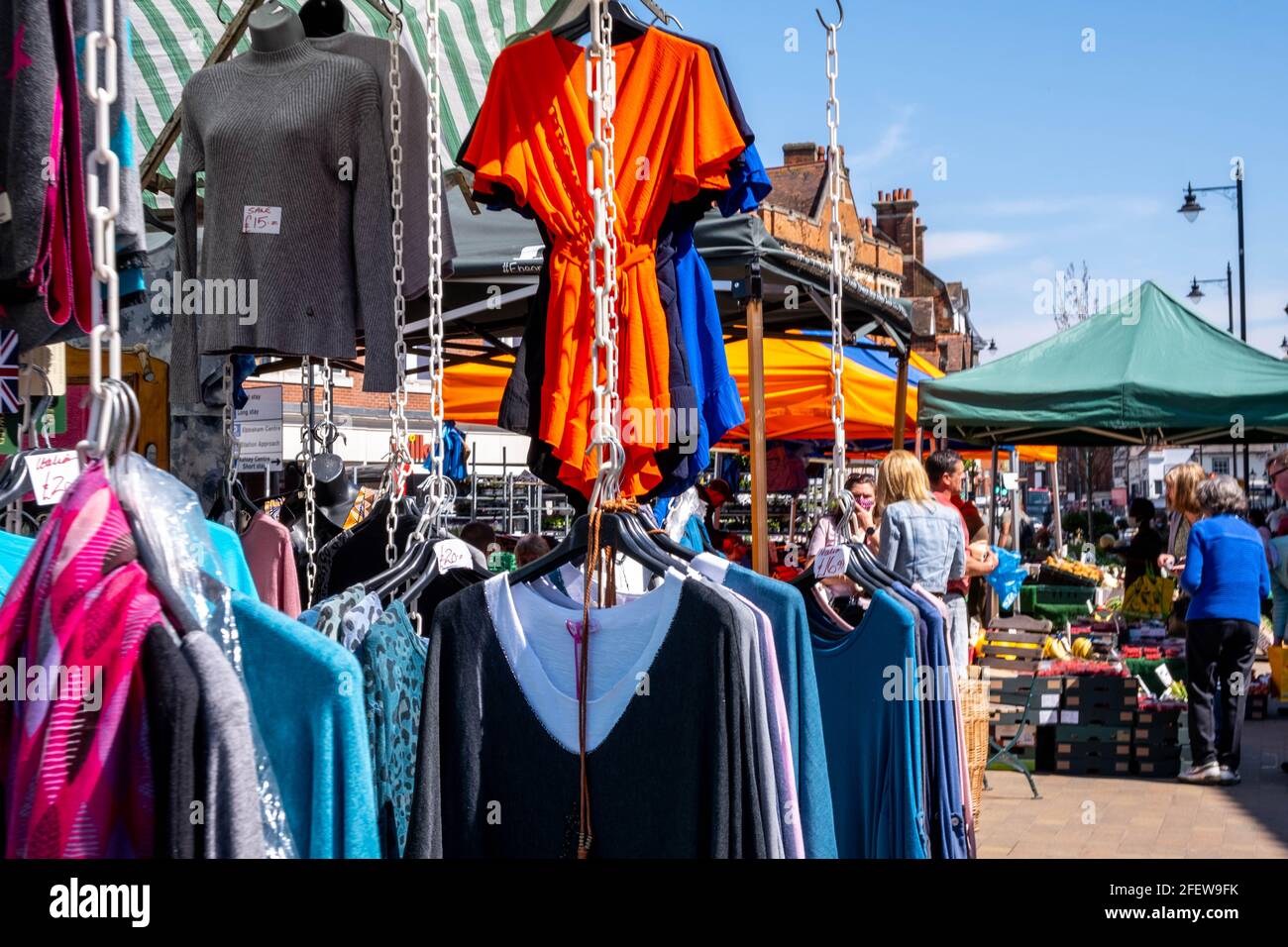 Epsom Surrey, London England UK, April 23 2021, Outdoor Market Street Trader Selling A Collection Of Womans Fashion Clothing Stock Photo