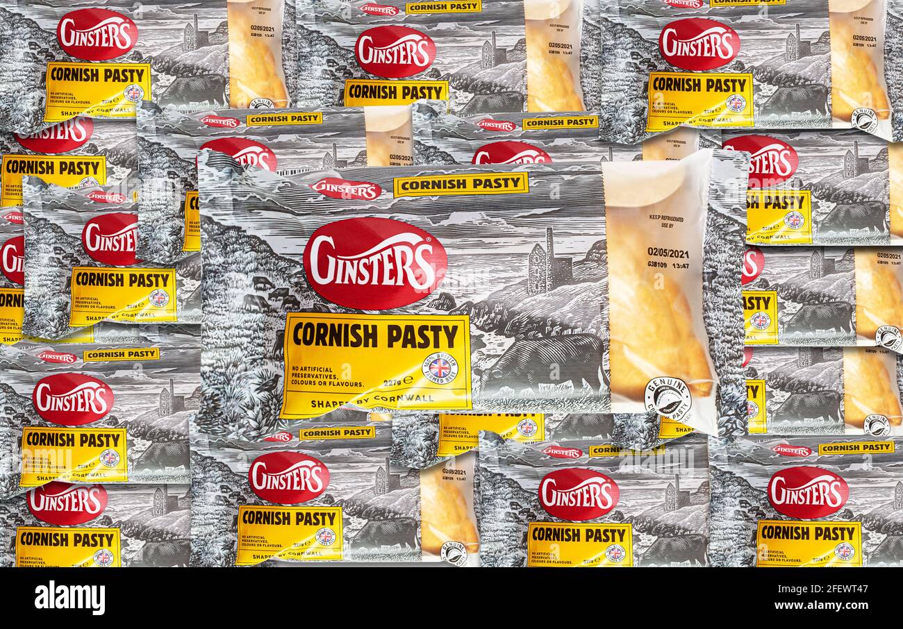SWINDON, UK - APRIL 24, 2021:  Ginsters Cornish Pasty on a yellow background Stock Photo