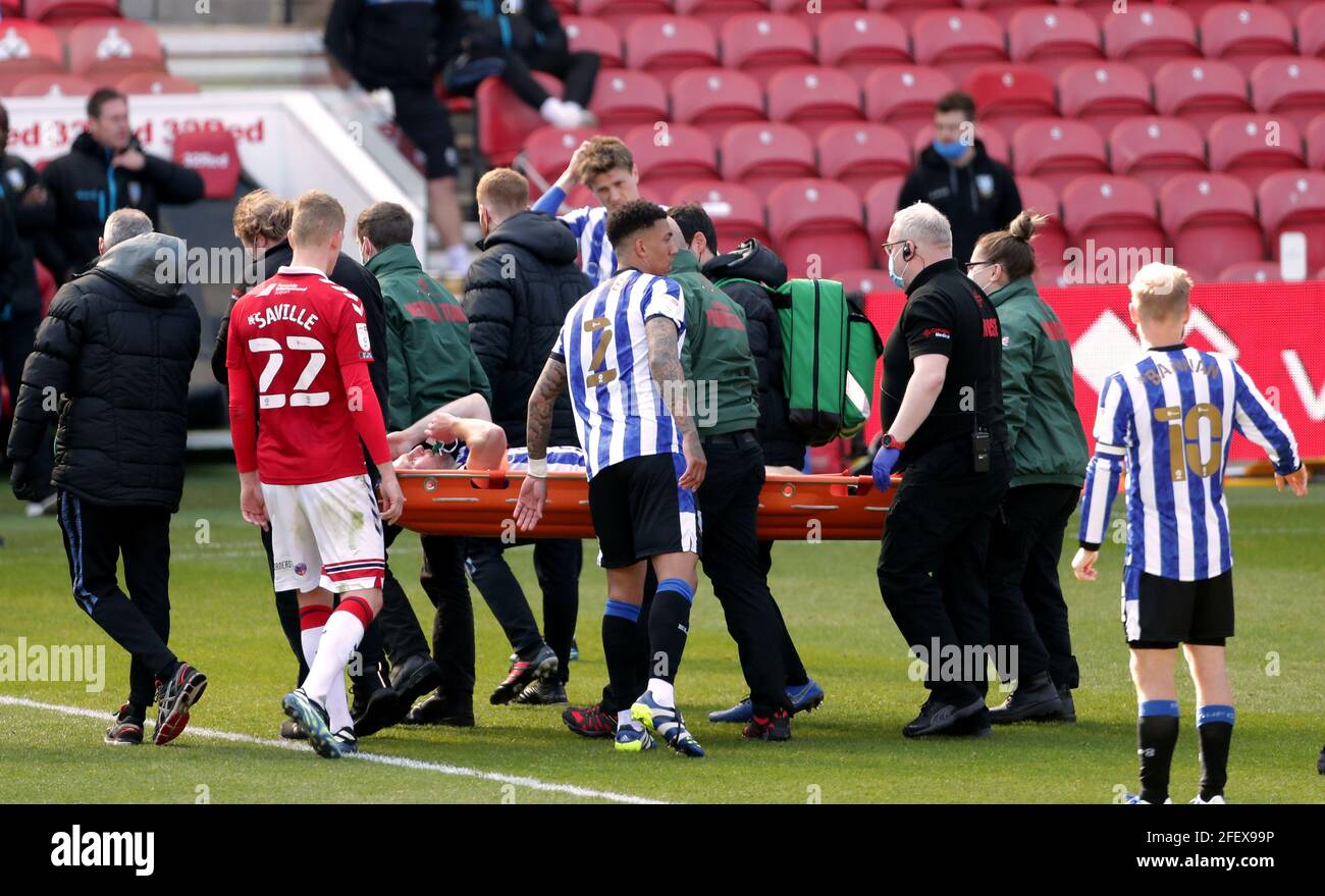 Sheffield Wednesday's Tom Lees leaves the pitch on a stretcher after  picking up an injury during the Sky Bet Championship match at the Riverside  Stadium, Middlesbrough. Picture date: Saturday April 24, 2021