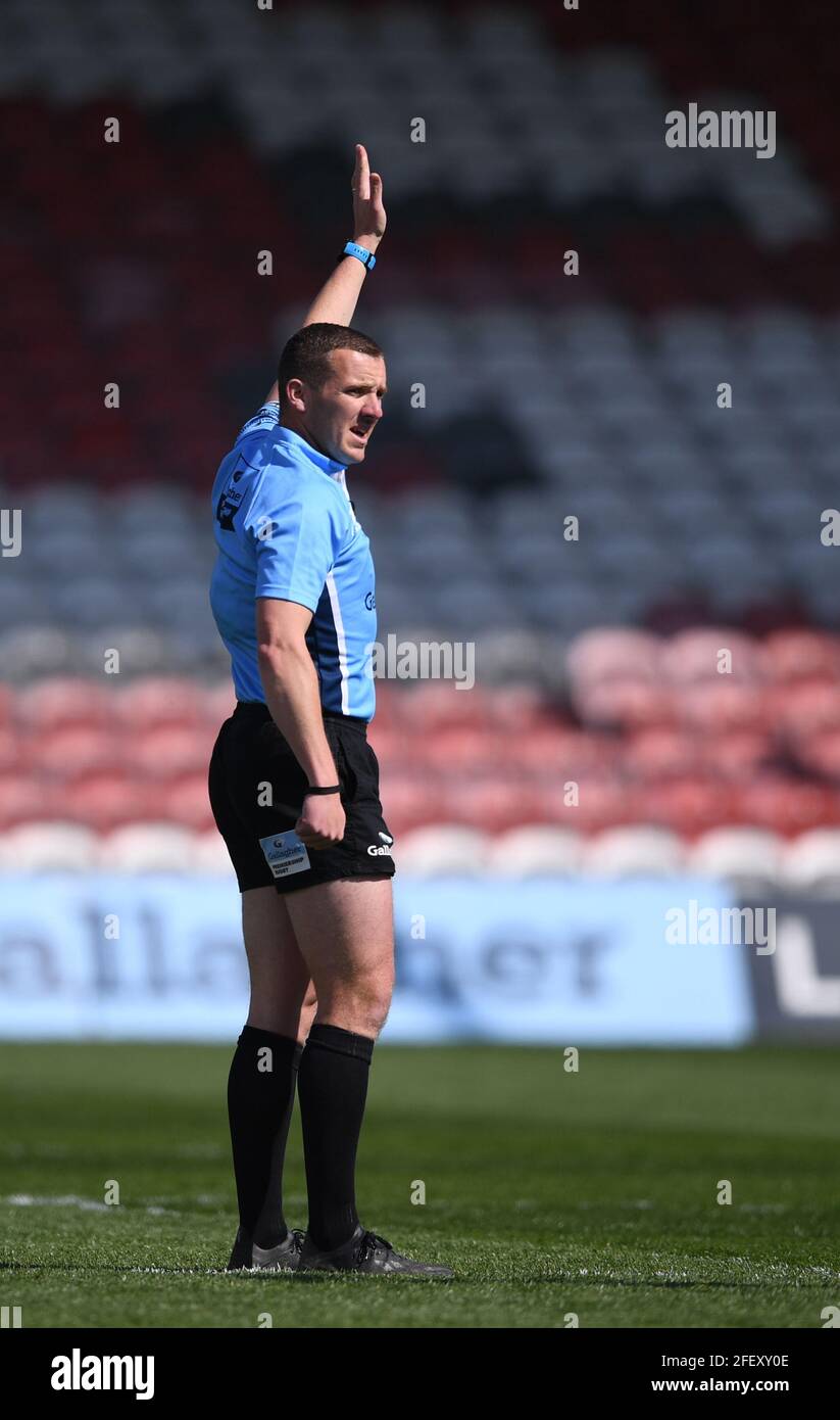Kingsholm Stadium, Gloucester, Gloucestershire, UK. 24th Apr, 2021. English Premiership Rugby, Gloucester versus Newcastle Falcons; Referee Tom Foley awards a penalty to Newcastle Falcons Credit: Action Plus Sports/Alamy Live News Stock Photo