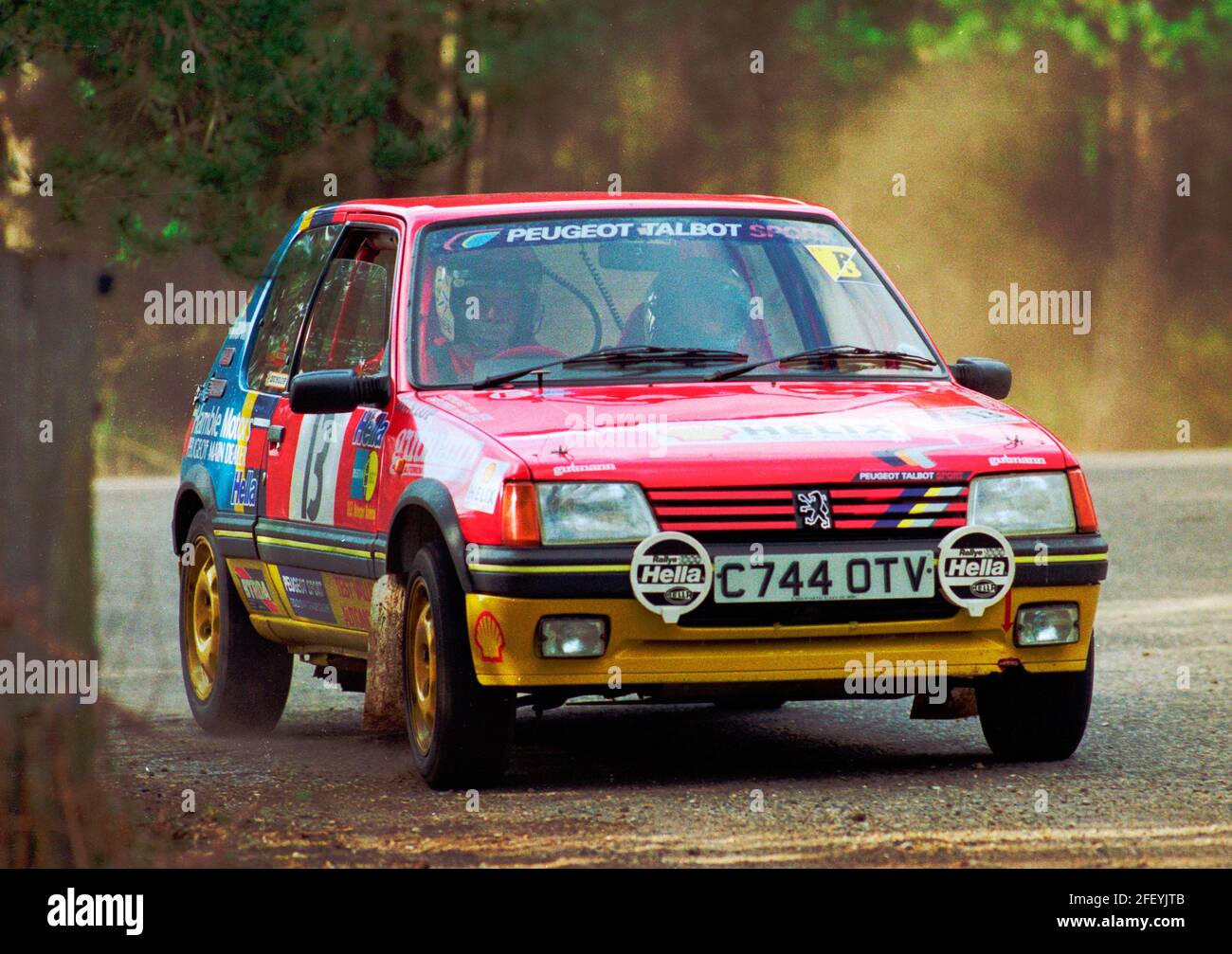 Peugeot 205 GTI rally car taking part in club car rallying event at Avon Park in January 1993. Stock Photo