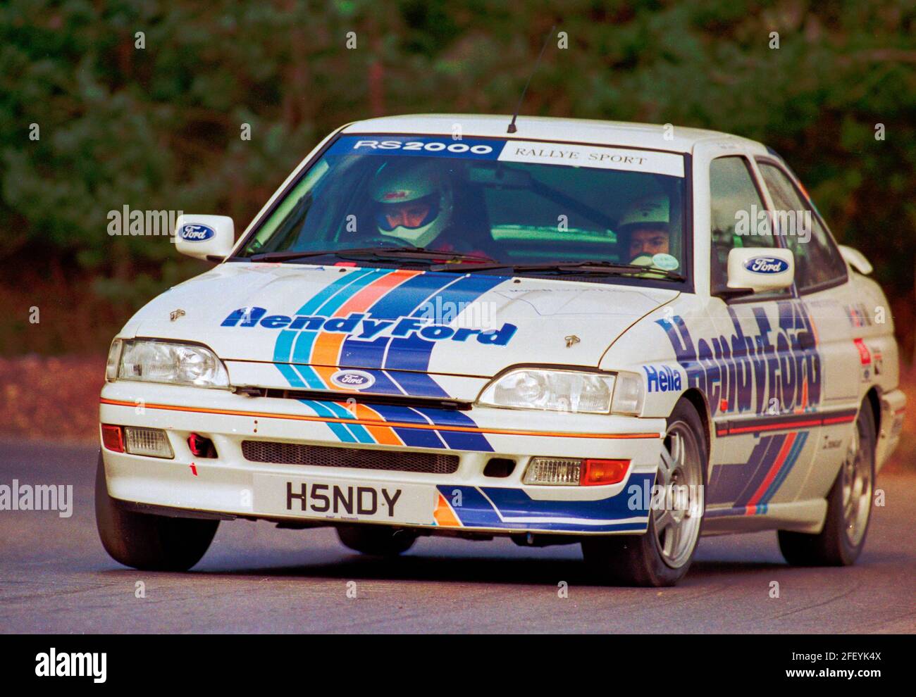 Hendy Ford sponsored Escort mk5 rs2000 rally sport on Avon Park rally stage 1993. Stock Photo