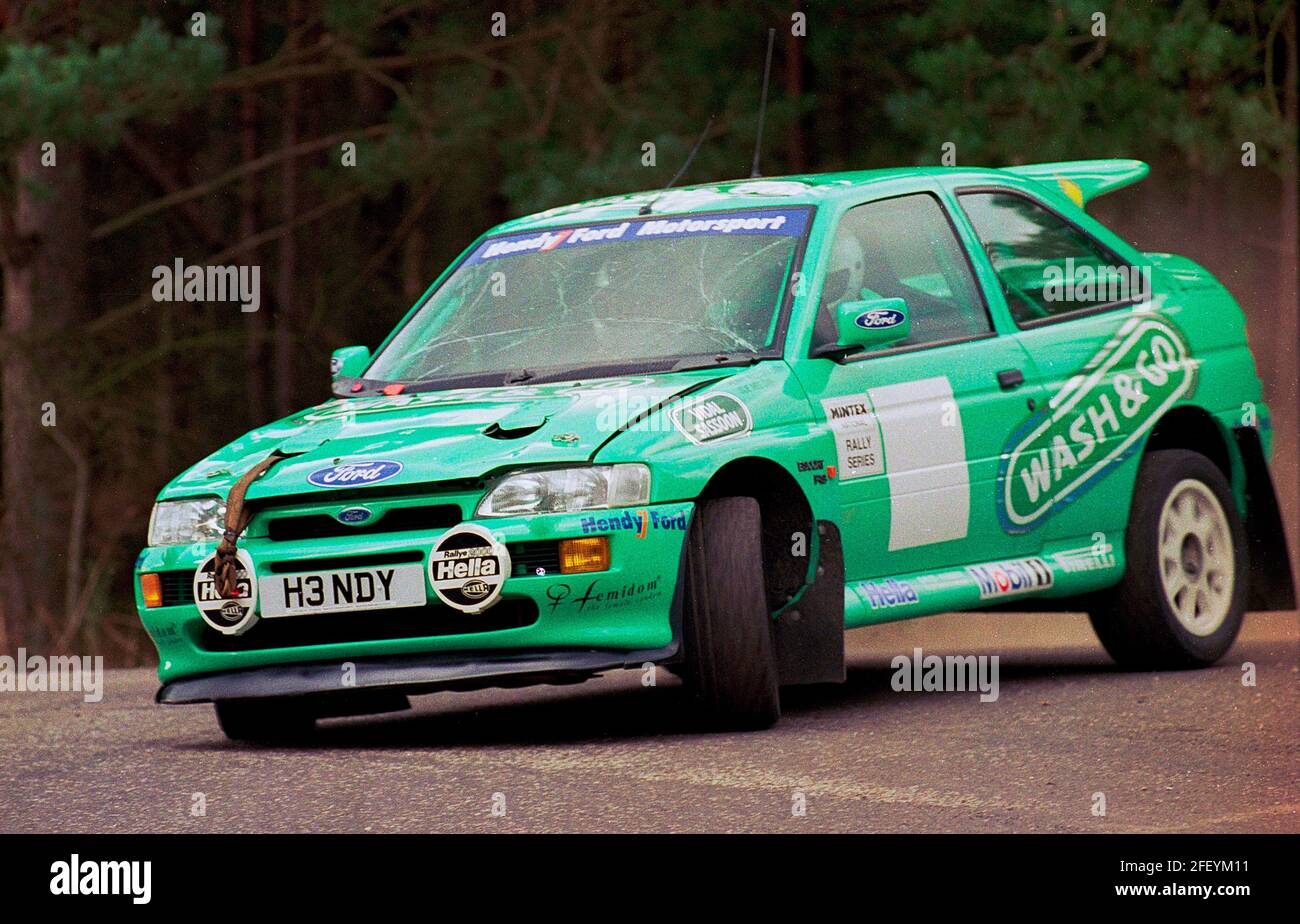 Wash & Go sponsored Hendy Ford motorsport Escort Cosworth on rally stage at Avon Park 1993. Stock Photo