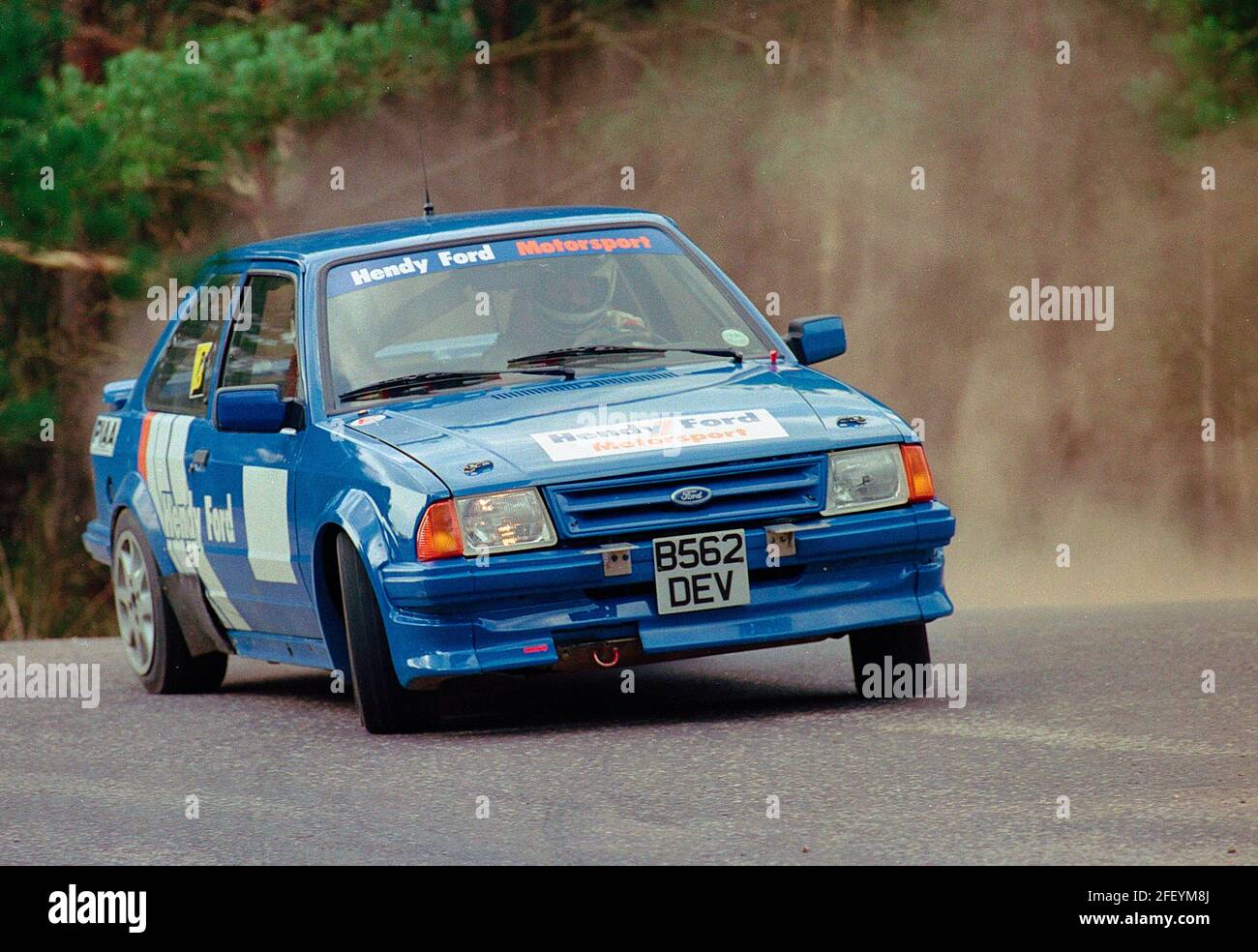 Hendy Ford sponsored Mk3 escort on rally stage at Avon Park 1993 Stock Photo