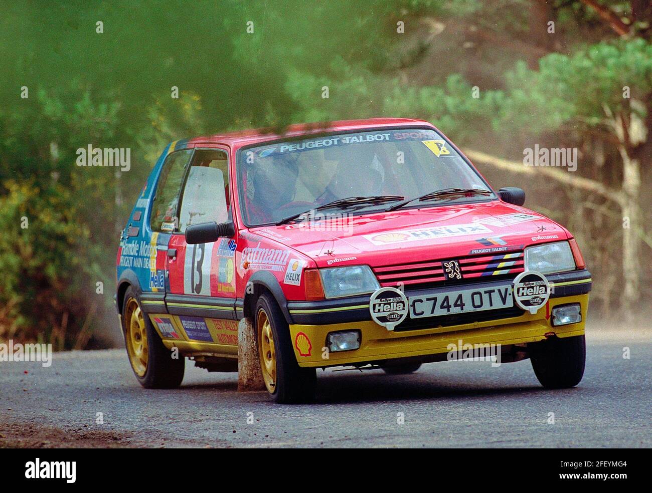 Peugeot 205 GTI rally car taking part in club car rallying event at Avon Park in January 1993. Stock Photo