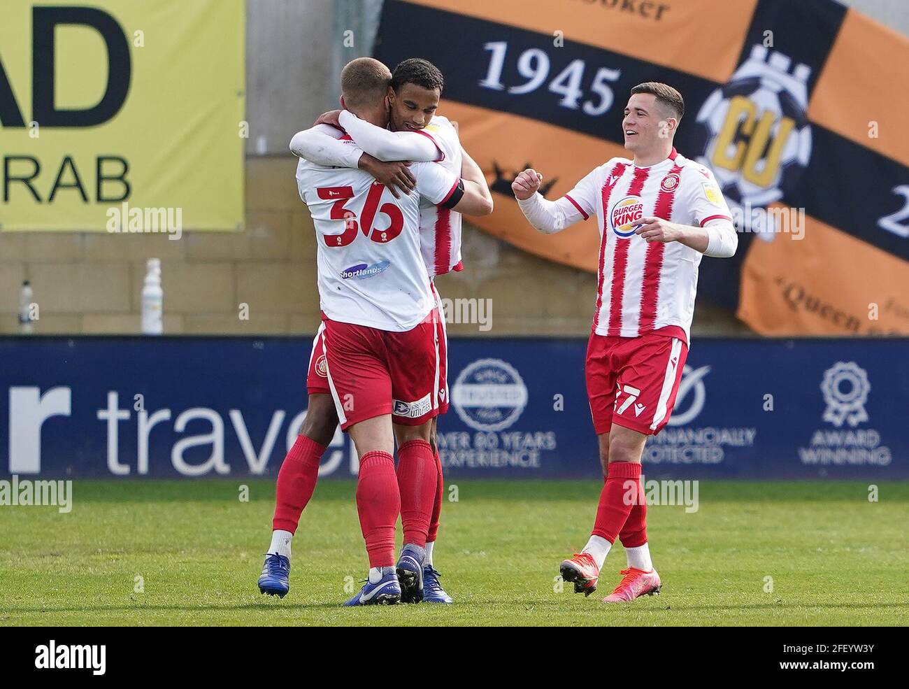 Stevenage's Luke Norris (left) celebrates with team-mate Terence Vancooten after scoring their side's first goal of the game during the Sky Bet League Two match at Abbey Stadium, Cambridge. Picture date: Saturday April 24, 2021. Stock Photo