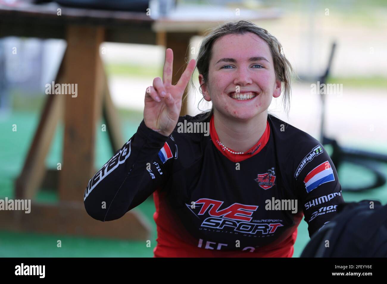 Verona, Italy. 24th Apr, 2021. Merel Smulders of Netherlands during the practice session ahead of the 1st round of the UEC BMX European Cup, in Verona (Italy) Credit: Mickael Chavet/Alamy Live News Stock Photo