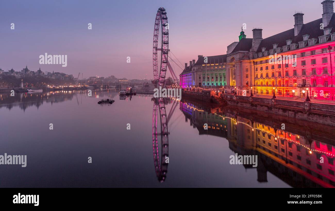 London Eye Reflection at Sunrise Stock Photo
