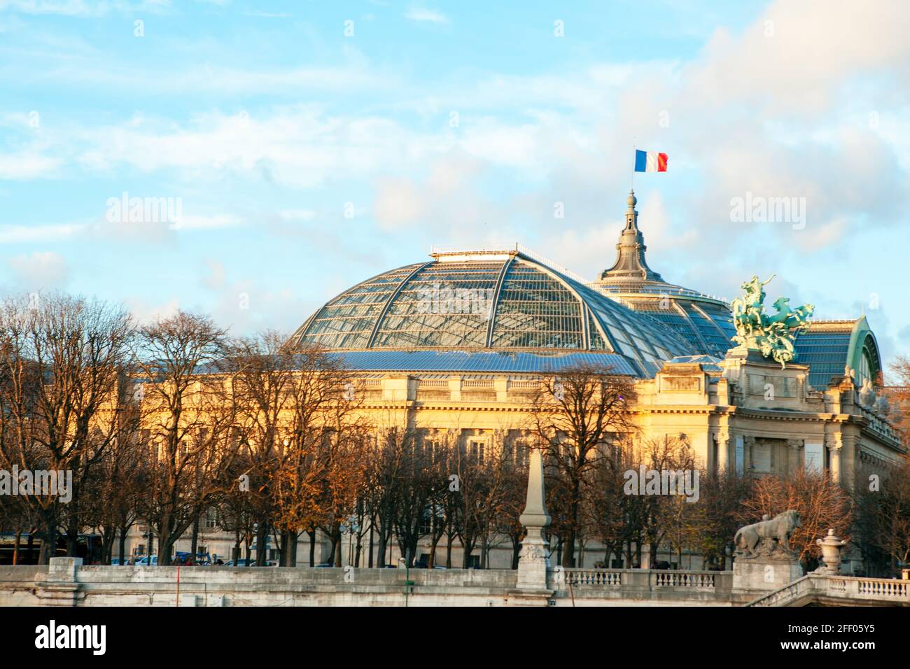 Grand Palais famous architecture in Paris . France flag waving on the famous building Stock Photo