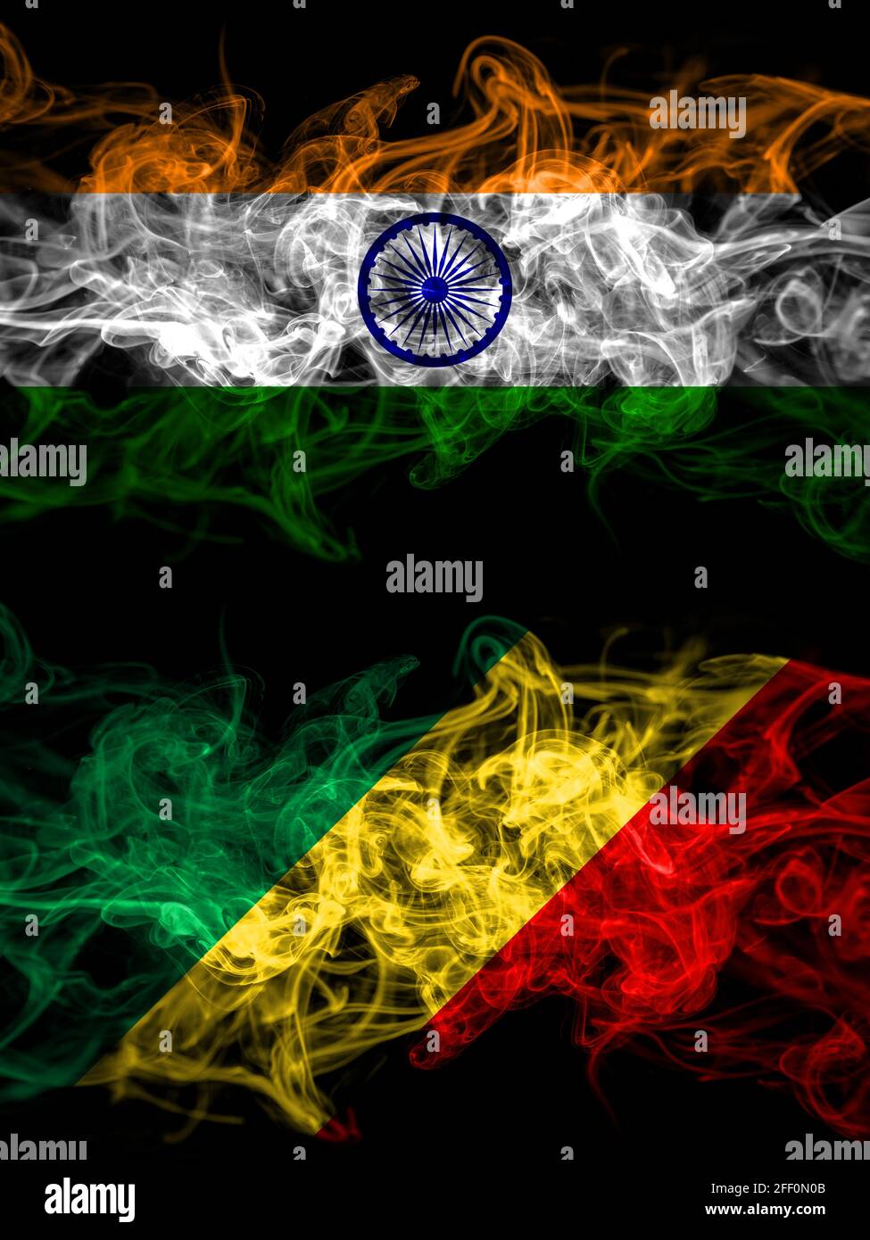 India, Indian vs Congo, Congolese smoky mystic flags placed side by