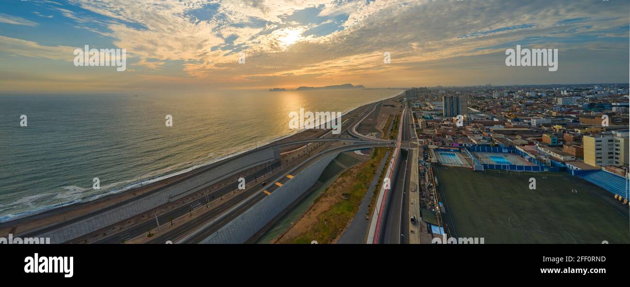 Panoramic night view of the Costa Verde trail at sunset, in San Miguel - Lima, Peru. Stock Photo