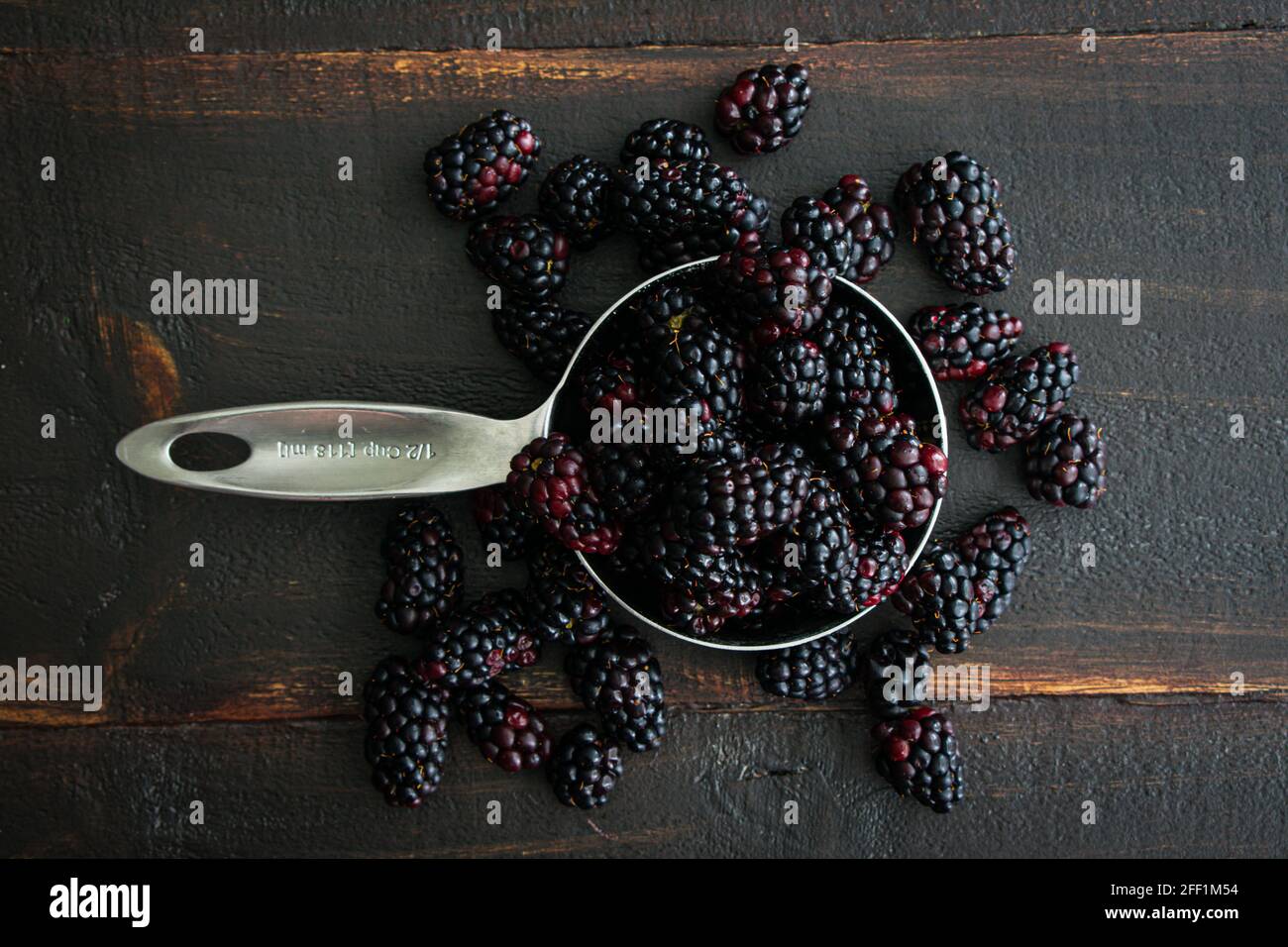 Measuring Cup filled with Fresh Blackberries: A metal measuring cup filled with fresh berries on a wooden table Stock Photo