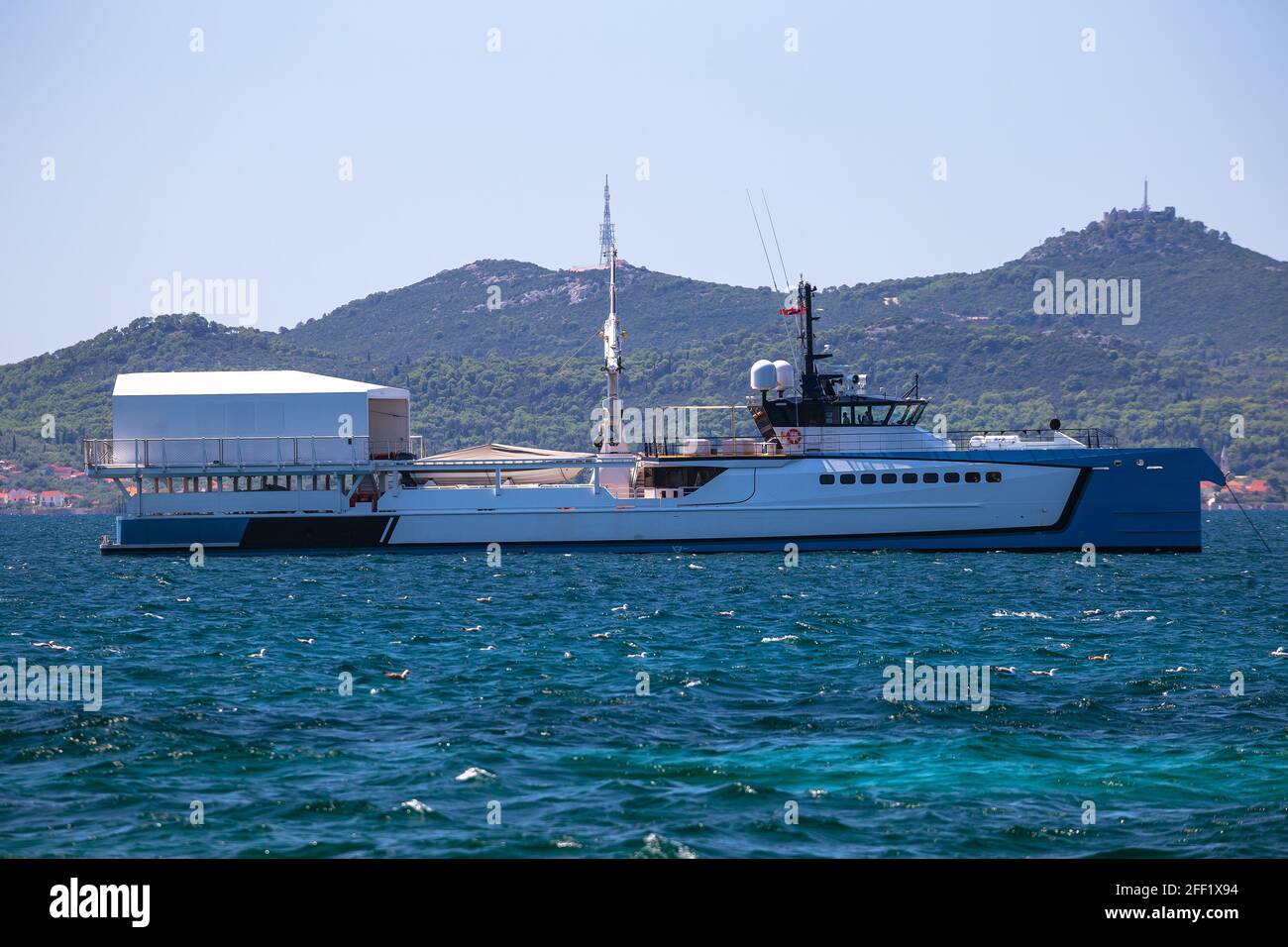 Zadar, Croatia, August 15 2019: Power Play scientific boat in Zadar channel view. Unique superyacht support vessel can ofetn be seen in Adriatic archi Stock Photo