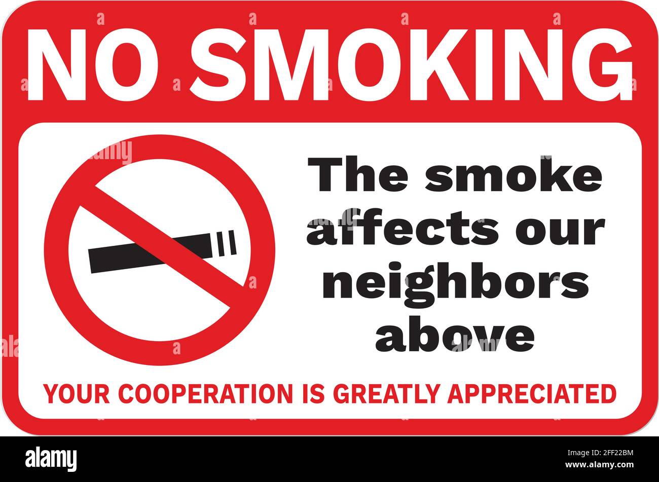 No smoking sign or poster. Horizontal red and white area signage crossed out cigarette and text 'No smoking. The smoke affects our neighbors. Your coo Stock Vector