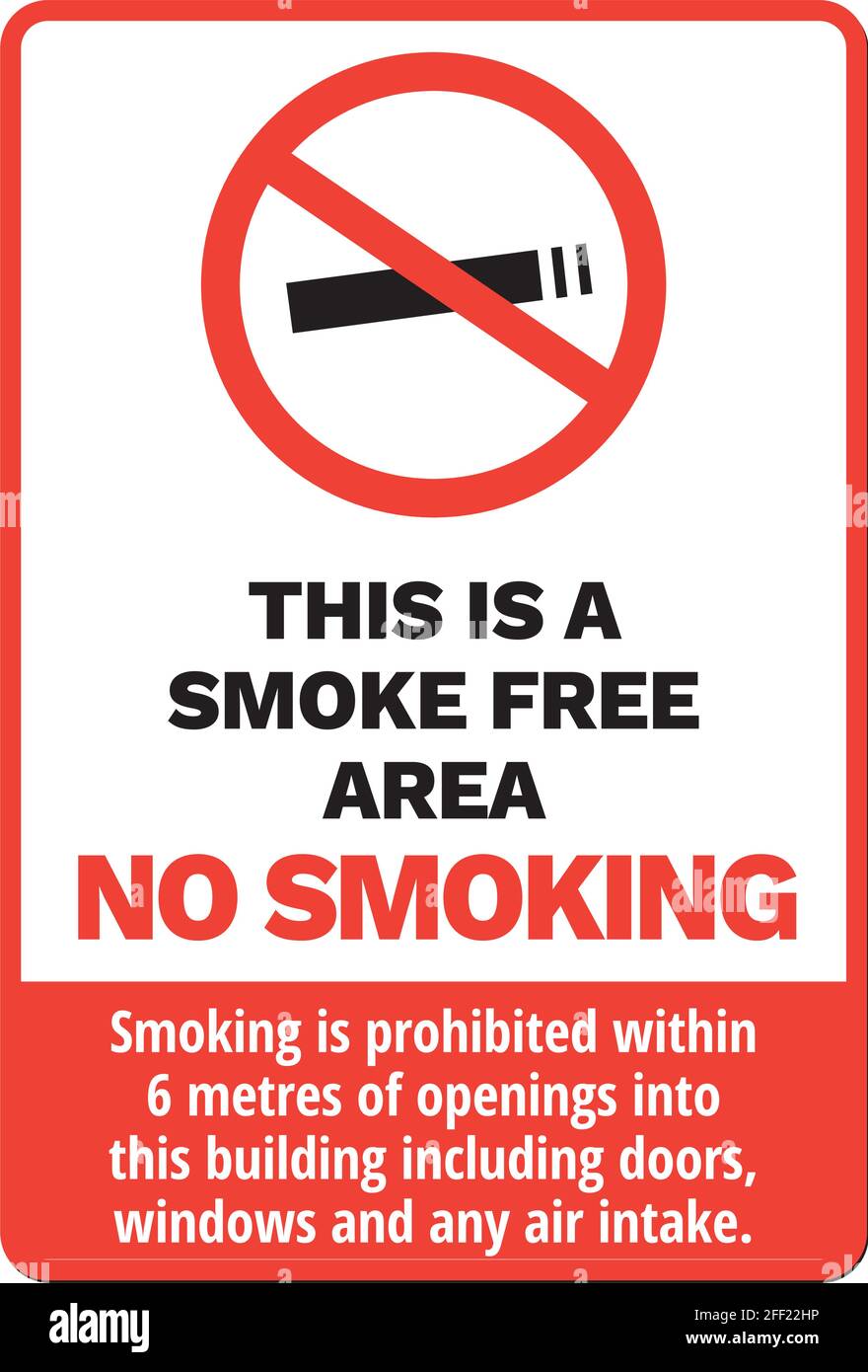 No smoking sign or poster. Rd and white signage with crossed out cigarette and text 'This is a smoke free area.' A 6 meters distance from doors, windo Stock Vector