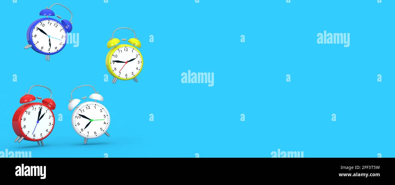 Alarm clocks fly in the air on a blue background. Business concept