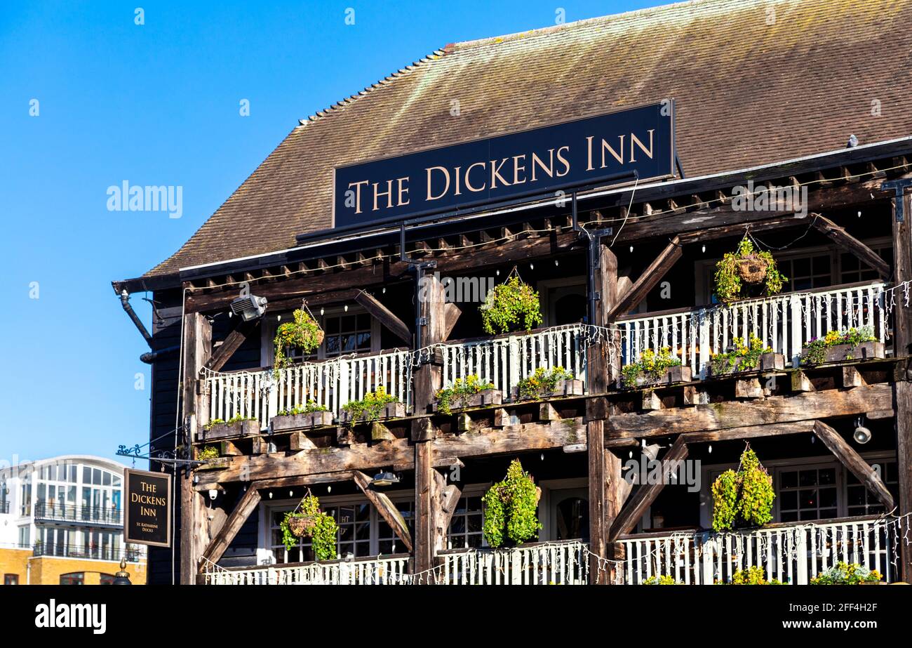 Old 18th century warehouse, now The Dickens Inn pub and restaurant in St Katharine's Docks, London, UK Stock Photo