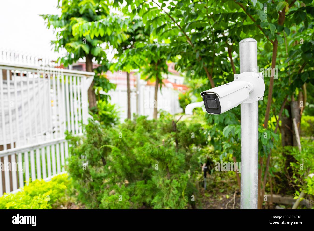 CCTV camera is installed in the garden with blur green tree