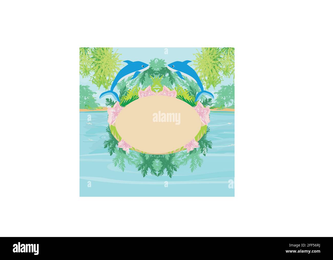 tropical  frame - green palms and jumping dolphins Stock Vector