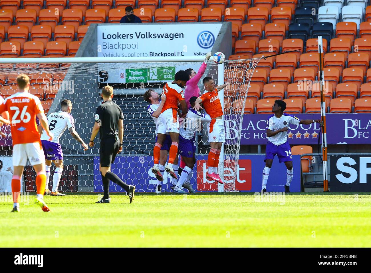 Bloomfield Road, Blackpool, UK. 24th Apr, 2021. Harry Burgoyne Goalkeeper of Shrewsbury with a great punch clearance during the game Blackpool v Shrewsbury Sky Bet League One 2020/21 Bloomfield Road, Blackpool, England - 24th April 2021 Credit: Arthur Haigh/Alamy Live News Stock Photo