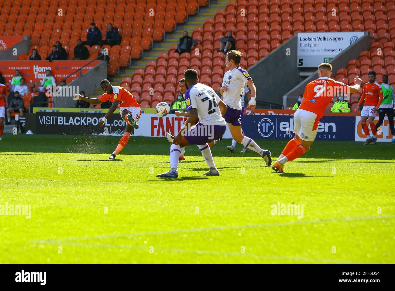 Bloomfield Road, Blackpool, UK. 24th Apr, 2021. Sullay Kaikai (10) of Blackpool with a great shot that is saved during the game Blackpool v Shrewsbury Sky Bet League One 2020/21 Bloomfield Road, Blackpool, England - 24th April 2021 Credit: Arthur Haigh/Alamy Live News Stock Photo