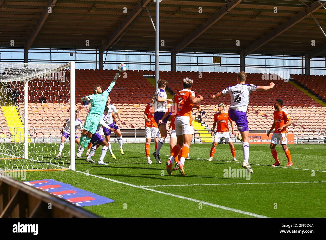 Bloomfield Road, Blackpool, UK. 24th Apr, 2021. Chris Maxwell Goalkeeper of Blackpool punches clear from a corner during the game Blackpool v Shrewsbury Sky Bet League One 2020/21 Bloomfield Road, Blackpool, England - 24th April 2021 Credit: Arthur Haigh/Alamy Live News Stock Photo