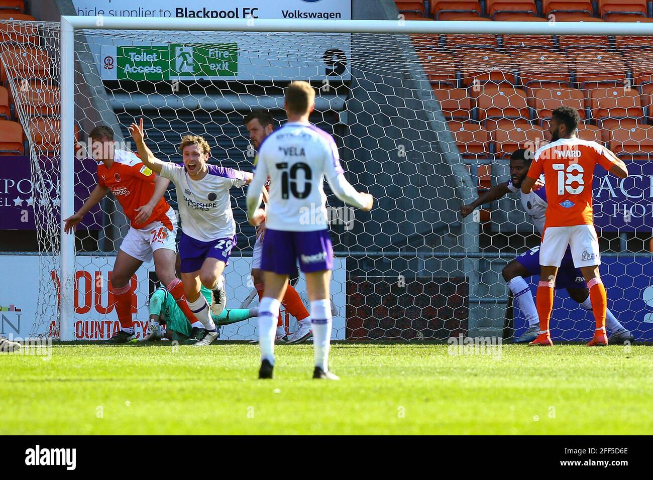 Bloomfield Road, Blackpool, UK. 24th Apr, 2021. Matthew Pennington (29) of Shrewsbury after scoring the only goal of the game 0 - 1 during the game Blackpool v Shrewsbury Sky Bet League One 2020/21 Bloomfield Road, Blackpool, England - 24th April 2021 Credit: Arthur Haigh/Alamy Live News Stock Photo