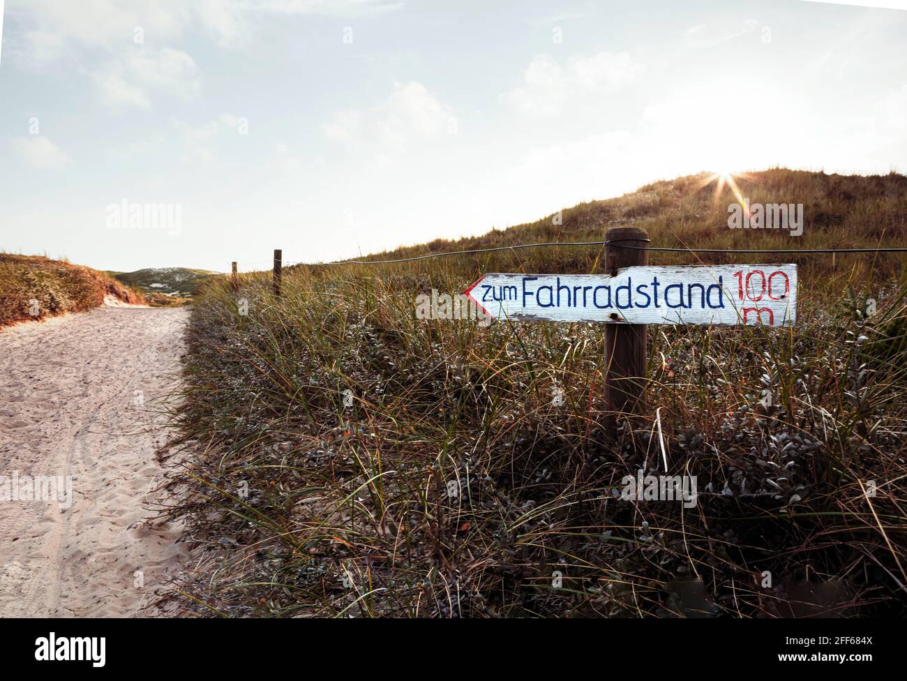 Sand pathway between green vegetation on coastal sand dunes. Wooden sign in German indicating direction to bike parking place. Stock Photo