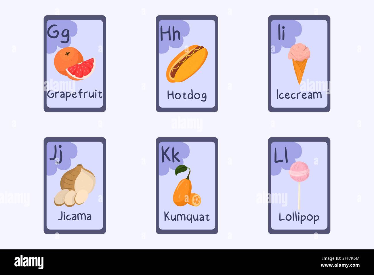 Colorful alphabet flashcard Letter G, H, I, J, K, L - grapefruit, hotdog, icecream, jicama, kumquat, lollipop. Food themed cards for teaching reading with foods, vegetables fruits and nuts Stock Vector