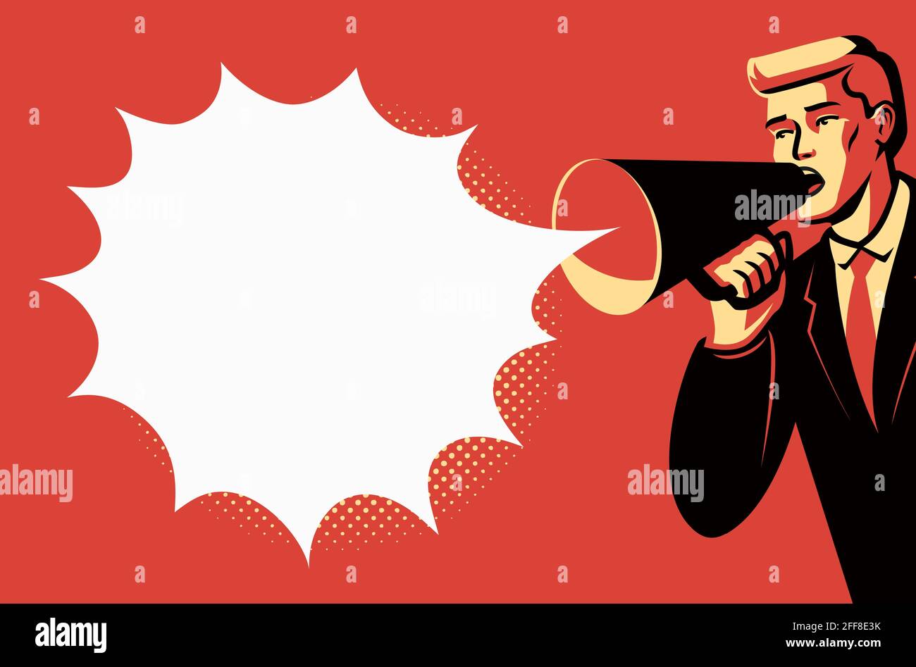 Businessman promoter holding megaphone loudspeaker. Business promotion concept. Vector illustration in pop art comic style Stock Vector