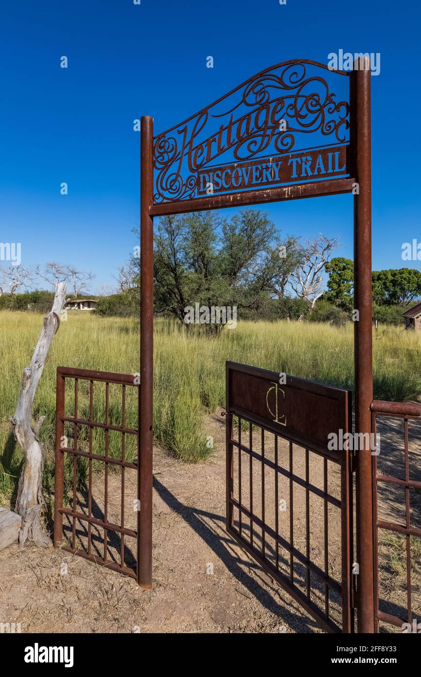 Beautifully fashioned gate at entrance of Heritage Discovery Trail at Empire Ranch and Las Cienegas National Conservation Area in Arizona, USA Stock Photo