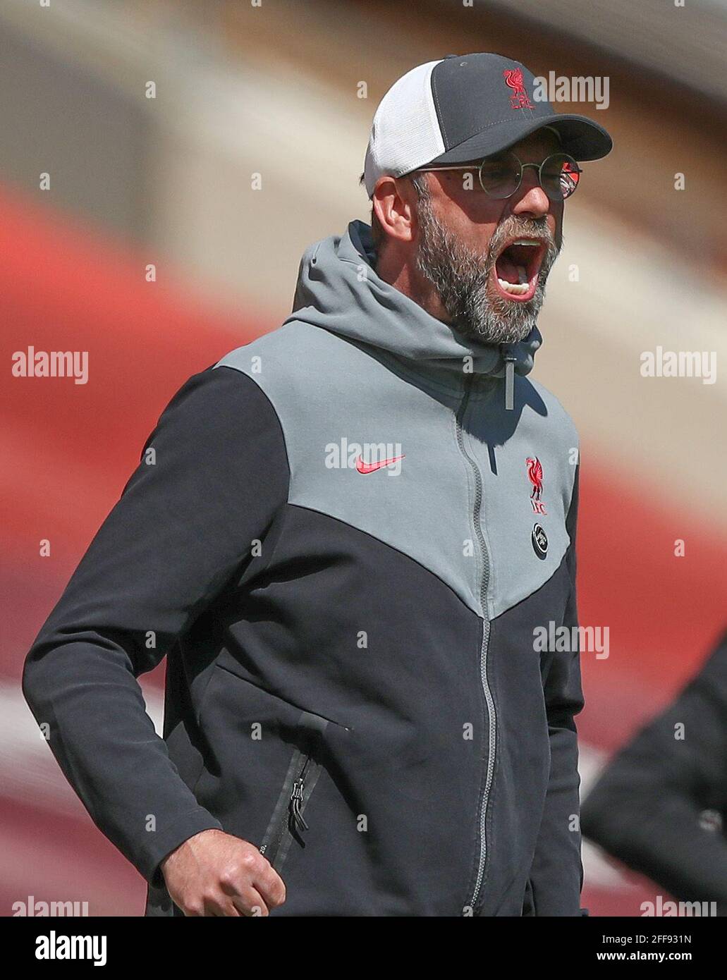 Anfield, Liverpool, Merseyside, UK. 24th Apr, 2021. English Premier League Football, Liverpool versus Newcastle United; Liverpool manager Jurgen Klopp reacts furiously Credit: Action Plus Sports/Alamy Live News Stock Photo